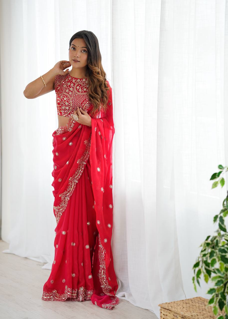 Red Fendy Chiffon Saree with Thread & Sequin Embroidery | Designer Party Wear Saree- RO18362