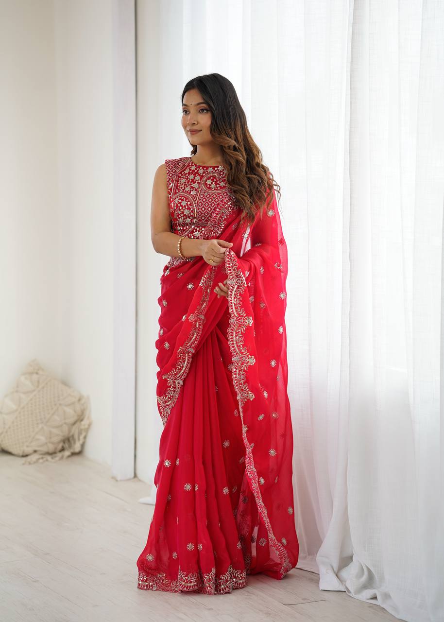 Red Fendy Chiffon Saree with Thread & Sequin Embroidery | Designer Party Wear Saree- RO18362