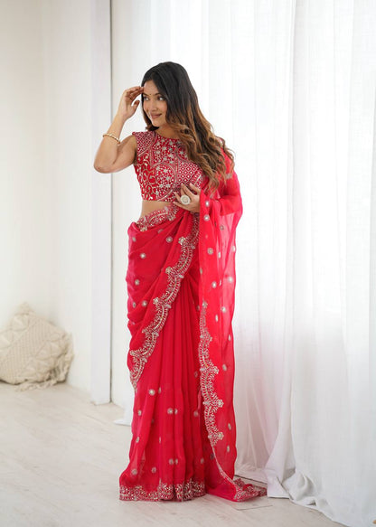 Red Fendy Chiffon Saree with Thread & Sequin Embroidery | Designer Party Wear Saree- RO18362