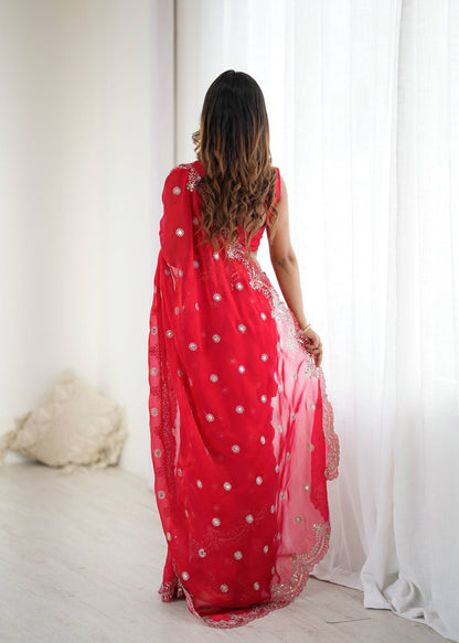 Red Fendy Chiffon Saree with Thread & Sequin Embroidery | Designer Party Wear Saree- RO18362