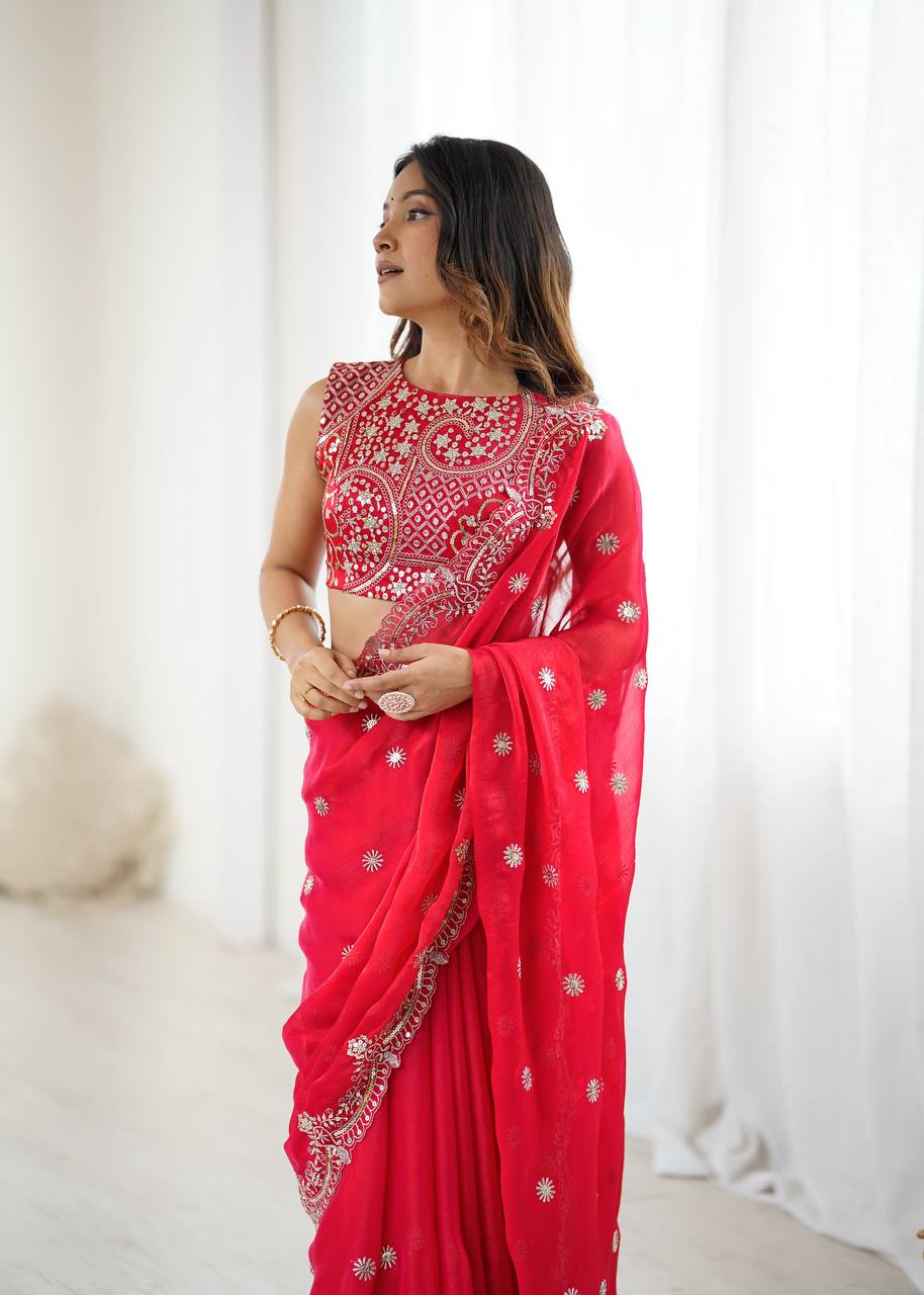 Red Fendy Chiffon Saree with Thread & Sequin Embroidery | Designer Party Wear Saree- RO18362