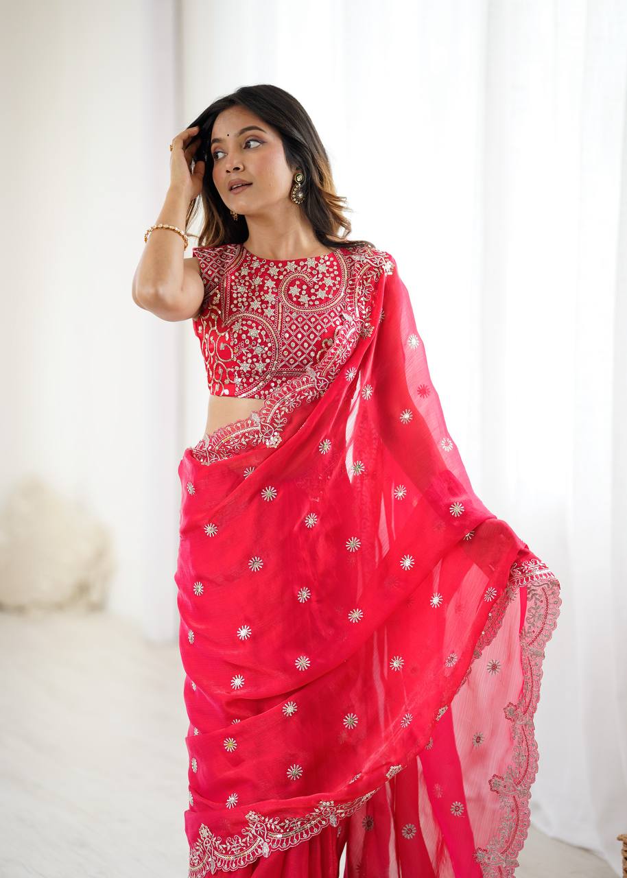 Red Fendy Chiffon Saree with Thread & Sequin Embroidery | Designer Party Wear Saree- RO18362