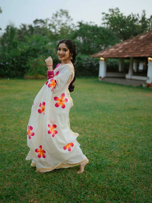 Elegant White Linen Cotton Saree with Pink Floral Digital Print & Golden Border-RO18701