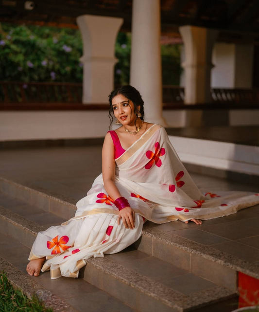 Elegant White Linen Cotton Saree with Pink Floral Digital Print & Golden Border-RO18701