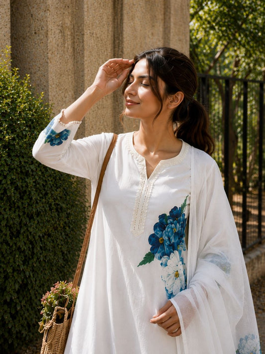 Cream Printed Lilan Cotton Suit Set with Kurti, Pant & Dupatta | RO16535