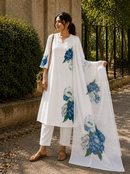 Cream Printed Lilan Cotton Suit Set with Kurti, Pant & Dupatta | RO16535