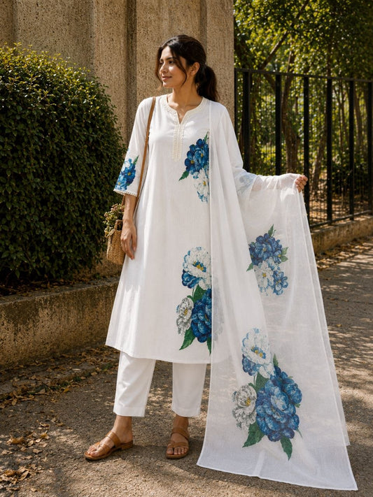 Cream Printed Lilan Cotton Suit Set with Kurti, Pant & Dupatta | RO16535