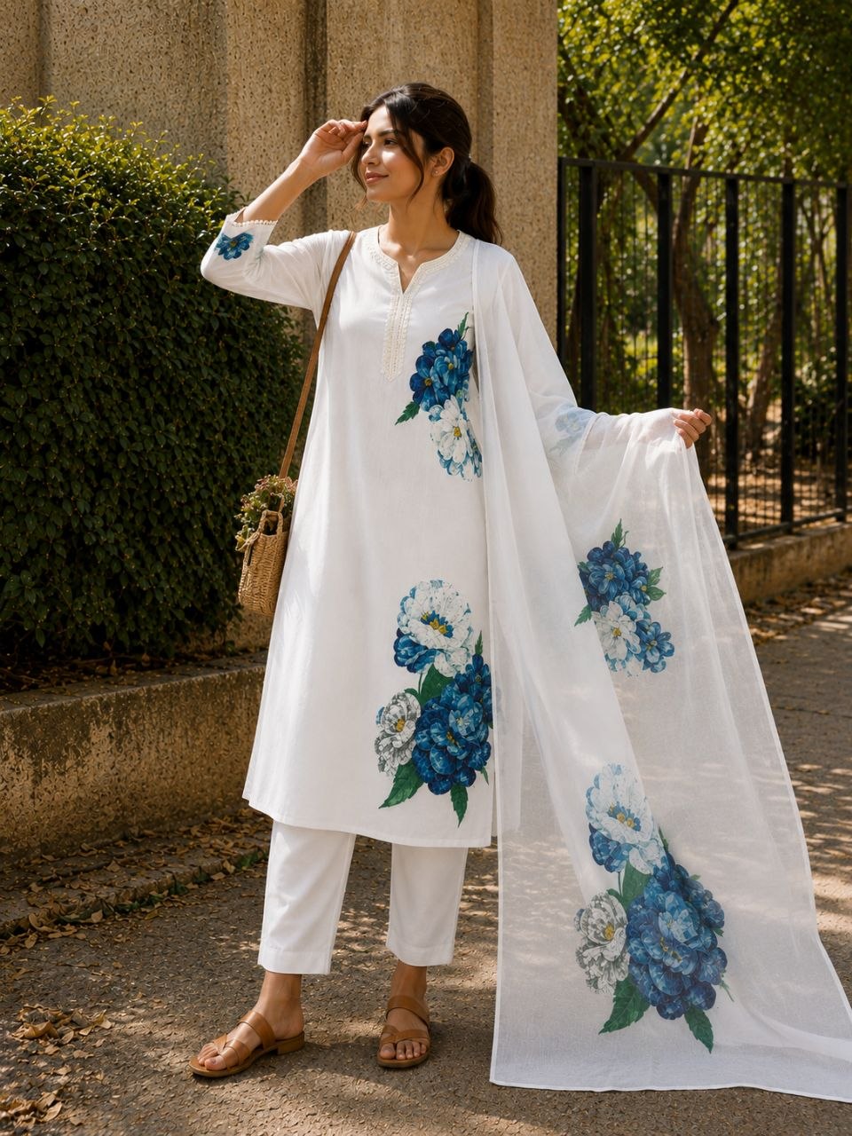 Cream Printed Lilan Cotton Suit Set with Kurti, Pant & Dupatta | RO16535