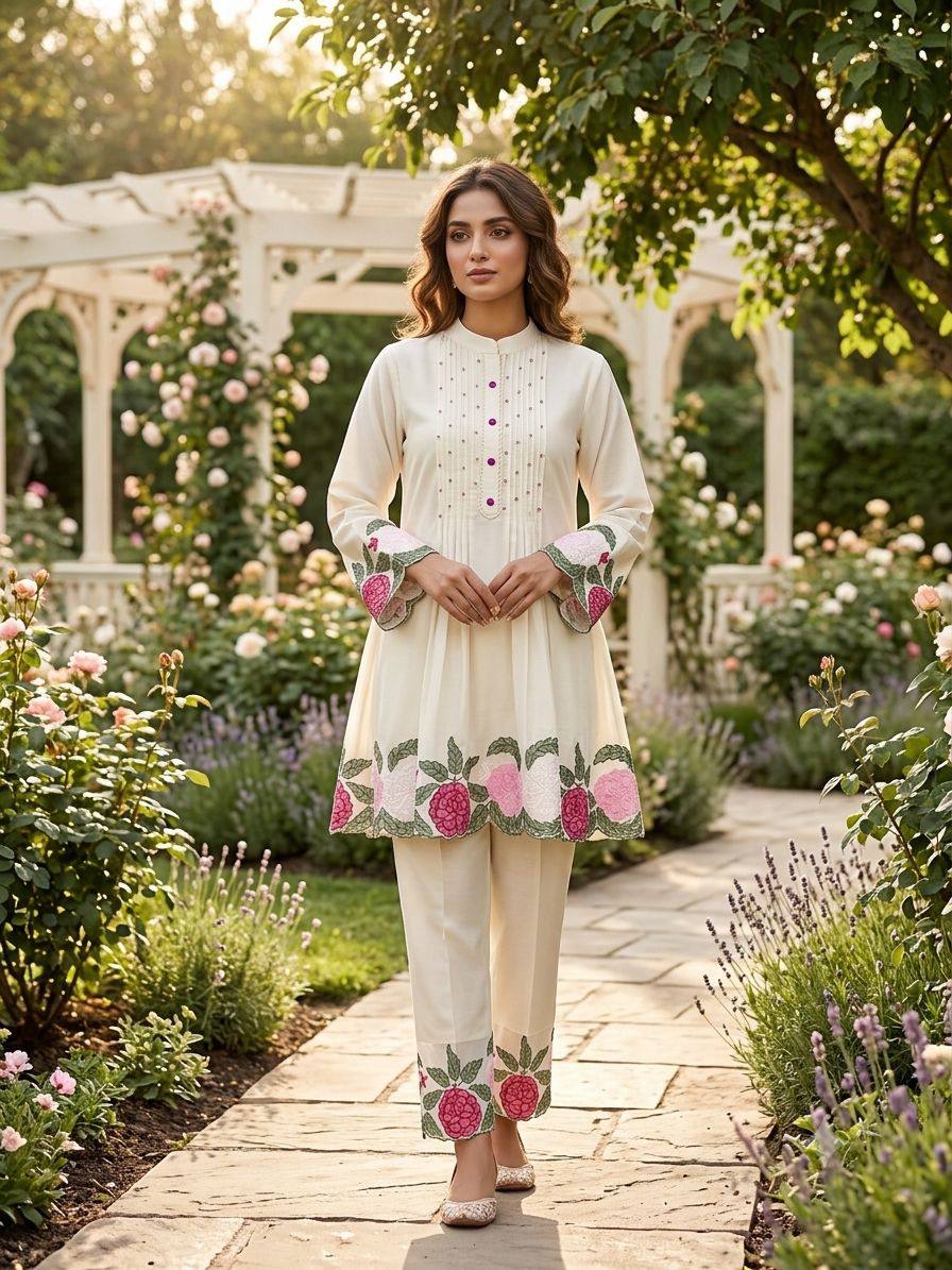 Cream Embroidered Roman Co-Ord Set for Women | Top & Pant Set | RO16168