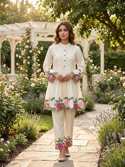 Cream Embroidered Roman Co-Ord Set for Women | Top & Pant Set | RO16168