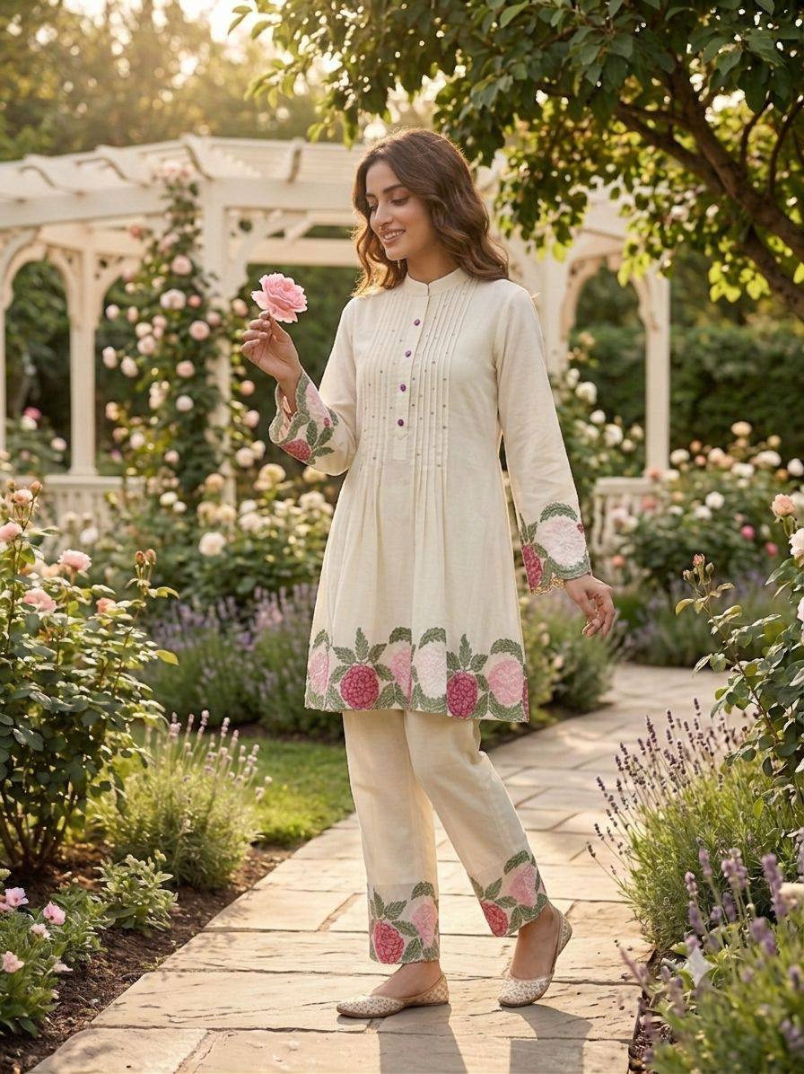 Cream Embroidered Roman Co-Ord Set for Women | Top & Pant Set | RO16168