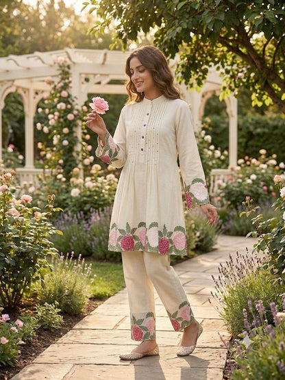 Cream Embroidered Roman Co-Ord Set for Women | Top & Pant Set | RO16168