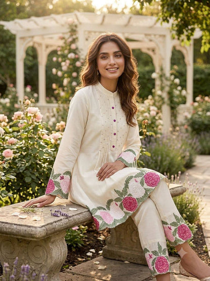 Cream Embroidered Roman Co-Ord Set for Women | Top & Pant Set | RO16168