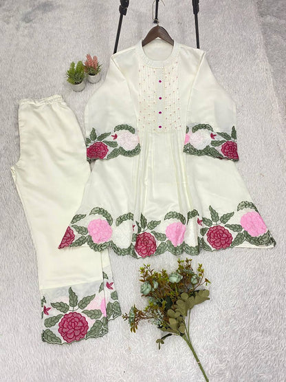 Cream Embroidered Roman Co-Ord Set for Women | Top & Pant Set | RO16168