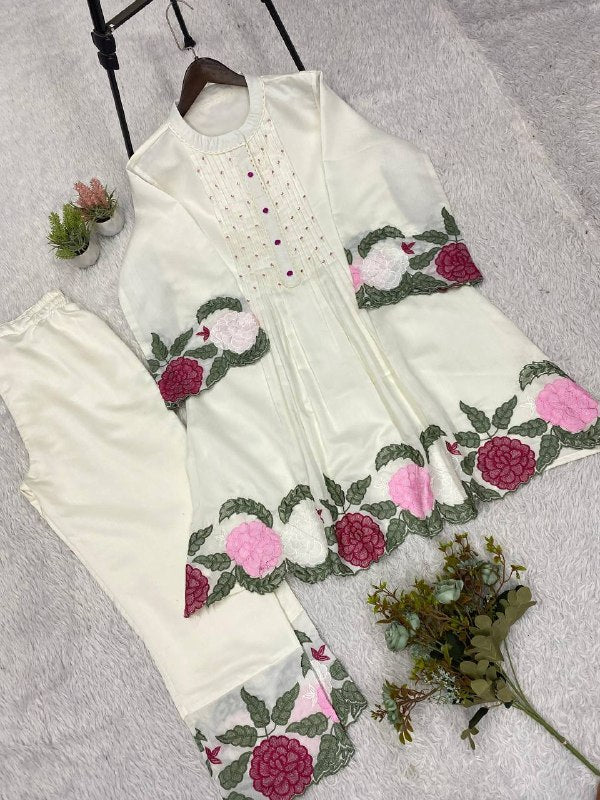 Cream Embroidered Roman Co-Ord Set for Women | Top & Pant Set | RO16168