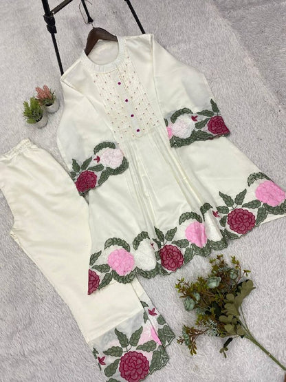 Cream Embroidered Roman Co-Ord Set for Women | Top & Pant Set | RO16168