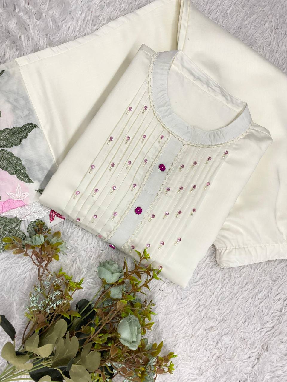 Cream Embroidered Roman Co-Ord Set for Women | Top & Pant Set | RO16168