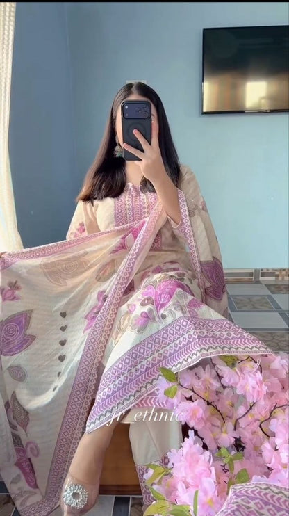Women’s Pink Printed Kurta Pant Set with Dupatta | Pure Soft Rasberry Silk | RO16534
