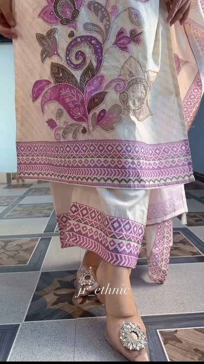 Women’s Pink Printed Kurta Pant Set with Dupatta | Pure Soft Rasberry Silk | RO16534