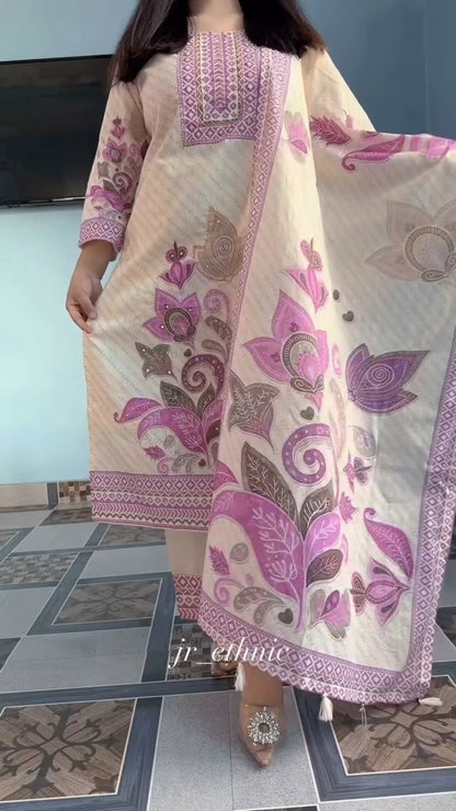 Women’s Pink Printed Kurta Pant Set with Dupatta | Pure Soft Rasberry Silk | RO16534