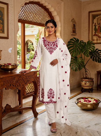 Women’s White Embroidered Rayon Cotton Kurti Set with Chanderi Dupatta & Pants | RO16495