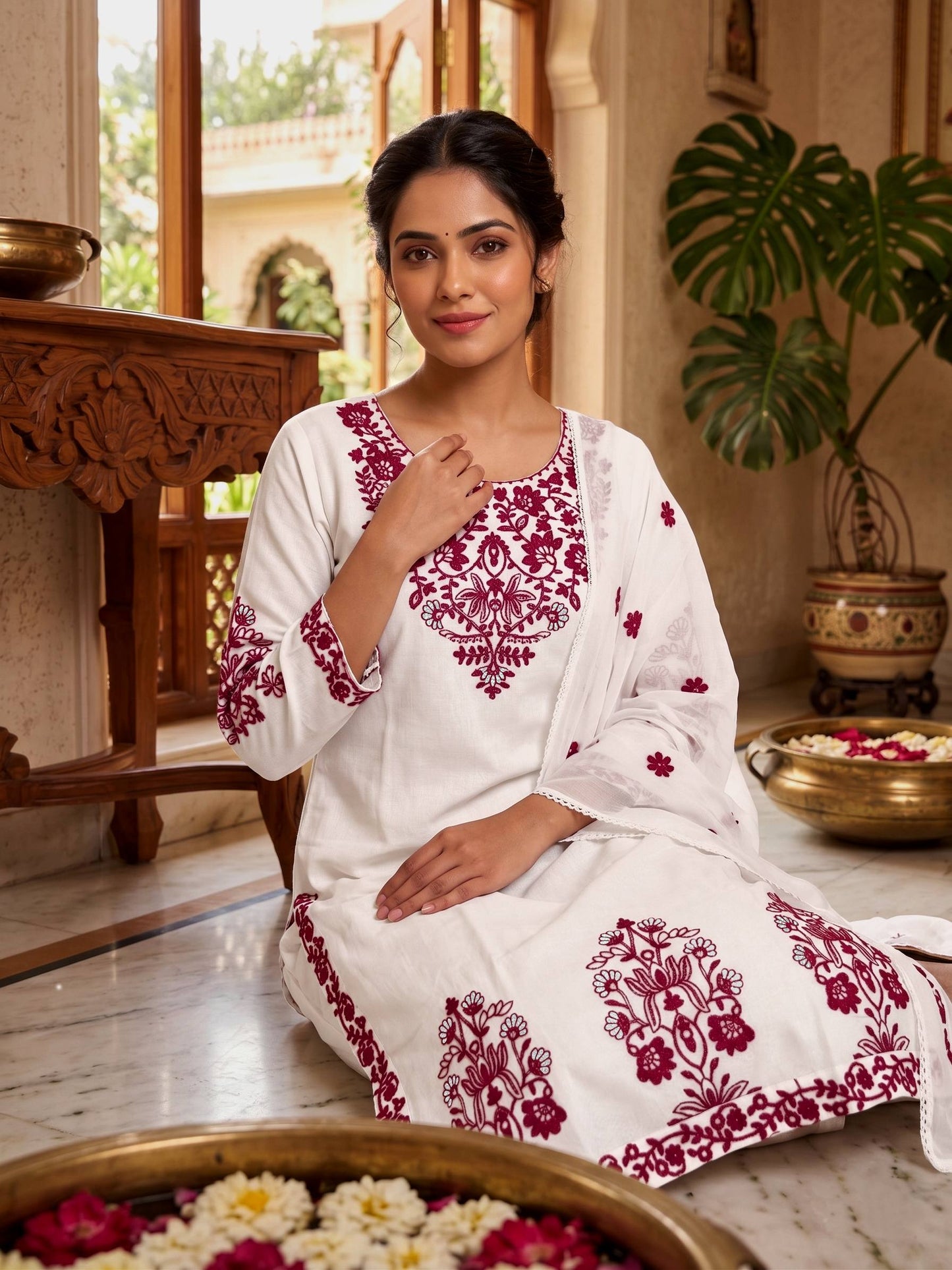 Women’s White Embroidered Rayon Cotton Kurti Set with Chanderi Dupatta & Pants | RO16495