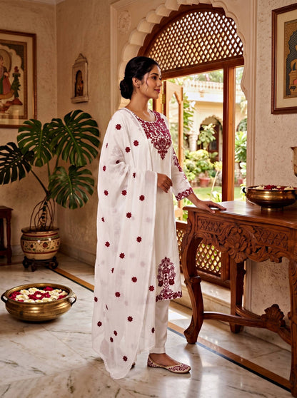 Women’s White Embroidered Rayon Cotton Kurti Set with Chanderi Dupatta & Pants | RO16495
