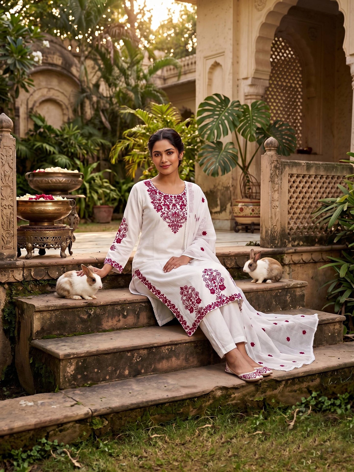 Women’s White Embroidered Rayon Cotton Kurti Set with Chanderi Dupatta & Pants | RO16495