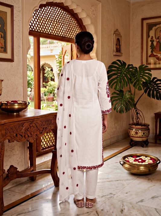 Women’s White Embroidered Rayon Cotton Kurti Set with Chanderi Dupatta & Pants | RO16495