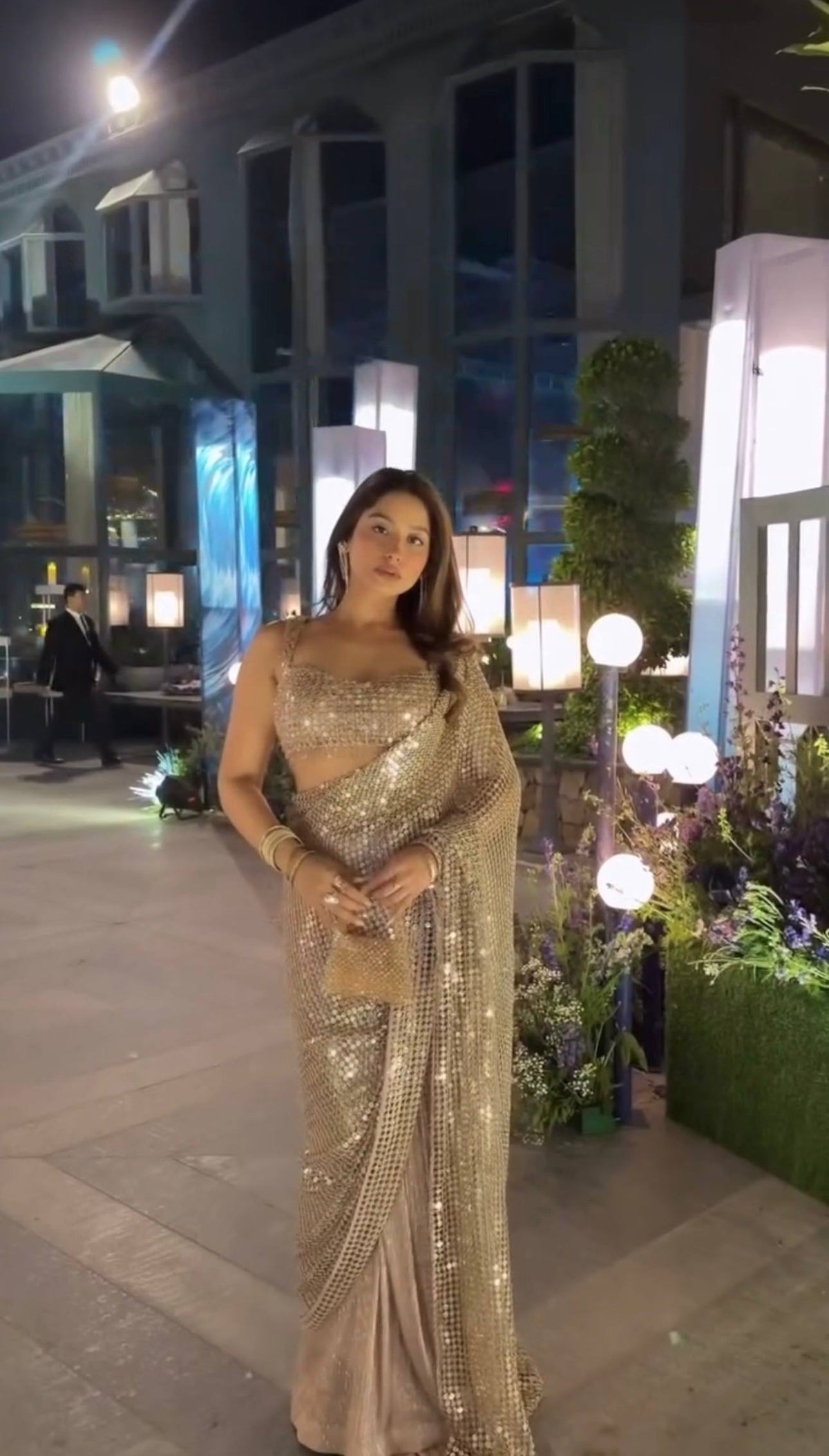 Champagne Gold Sparkle Silk & Net Saree with 9mm Sequin Work and Thai Silk Blouse | RO19976