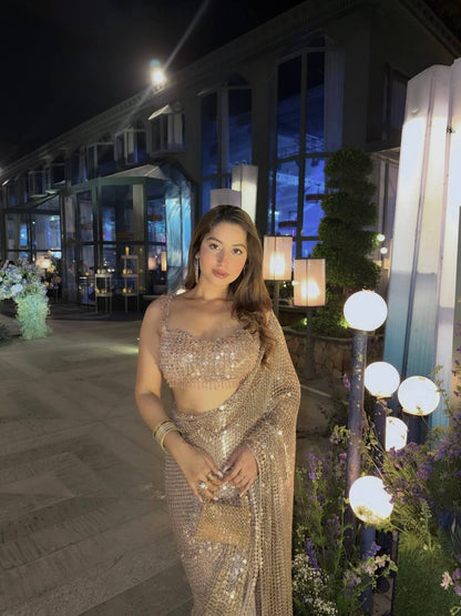 Champagne Gold Sparkle Silk & Net Saree with 9mm Sequin Work and Thai Silk Blouse | RO19976