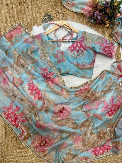 Combo of 2 Celebrity Inspired Tebby Silk Saree with Digital Floral Print, Mirror Work & Embroidered Lace Border|RO19987