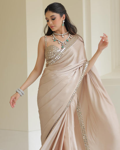 Premium Japan Satin Saree with Real Mirror Embroidery Border | Designer Party Wear, Wedding & Festive Saree with Embroidered Blouse