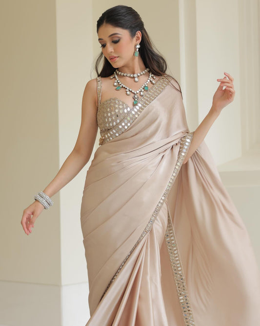 Premium Japan Satin Saree with Real Mirror Embroidery Border | Designer Party Wear, Wedding & Festive Saree with Embroidered Blouse