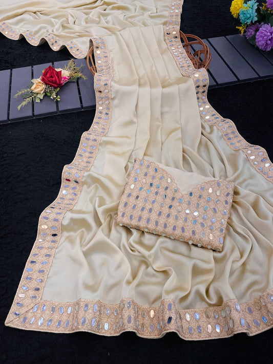 Premium Japan Satin Saree with Real Mirror Embroidery Border | Designer Party Wear, Wedding & Festive Saree with Embroidered Blouse