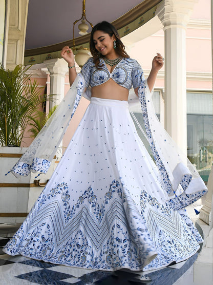 Royal White & Blue Embroidered Lehenga Choli with Zari & Sequin Work | RO16835