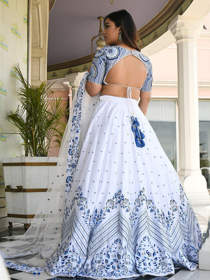 Royal White & Blue Embroidered Lehenga Choli with Zari & Sequin Work | RO16835