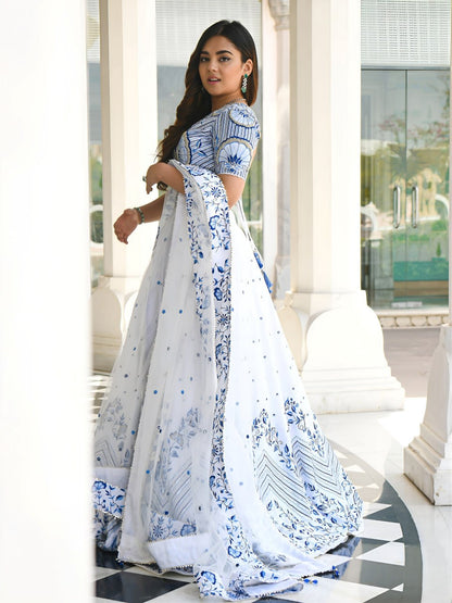 Royal White & Blue Embroidered Lehenga Choli with Zari & Sequin Work | RO16835