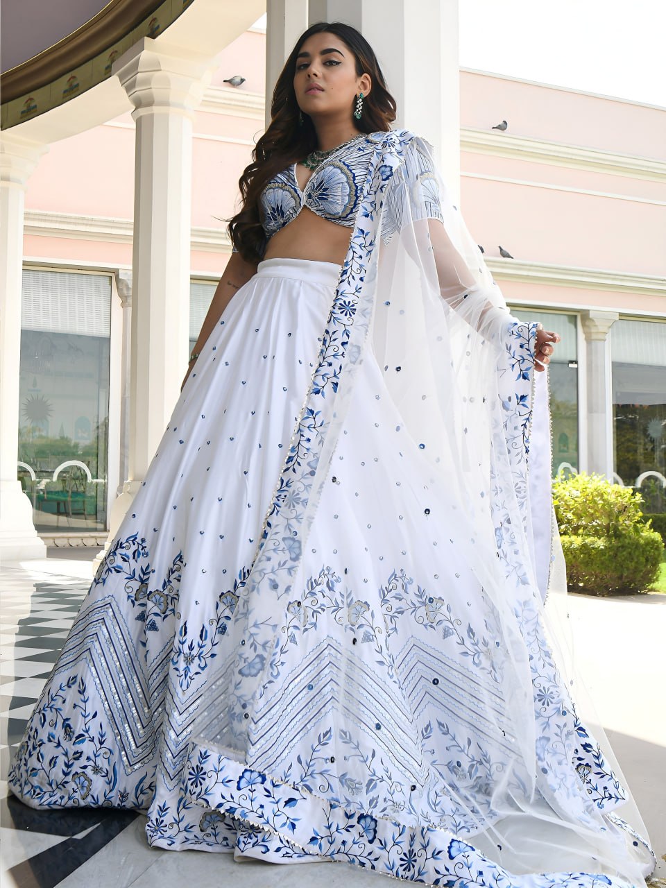 Royal White & Blue Embroidered Lehenga Choli with Zari & Sequin Work | RO16835