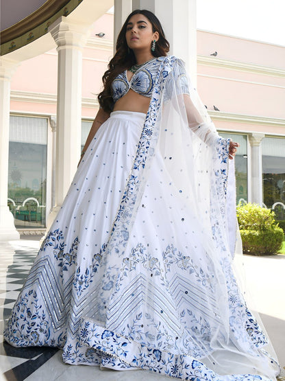 Royal White & Blue Embroidered Lehenga Choli with Zari & Sequin Work | RO16835