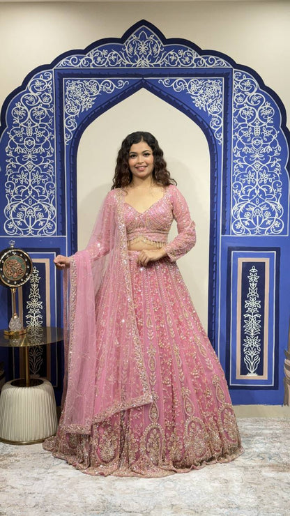Pink Two-Tone Bridal Lehenga Choli Set with Heavy Embroidery, Beads & Sequin Work with Dupatta – RO20120