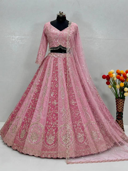 Pink Two-Tone Bridal Lehenga Choli Set with Heavy Embroidery, Beads & Sequin Work with Dupatta – RO20120
