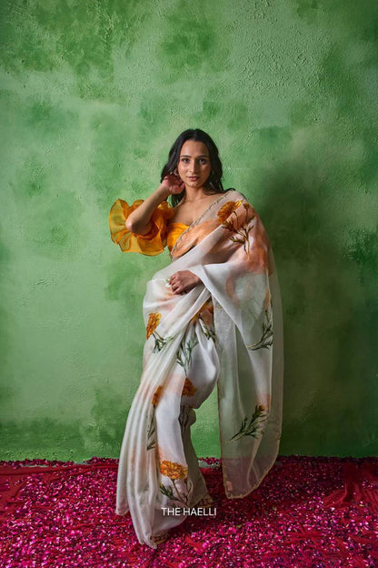 Premium Soft Tabby Floral & Butterfly Print Saree with Cutdana Handwork | Designer Party Wear Saree with Jalpari Silk Blouse