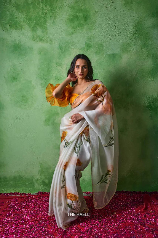 Premium Soft Tabby Floral & Butterfly Print Saree with Cutdana Handwork | Designer Party Wear Saree with Jalpari Silk Blouse