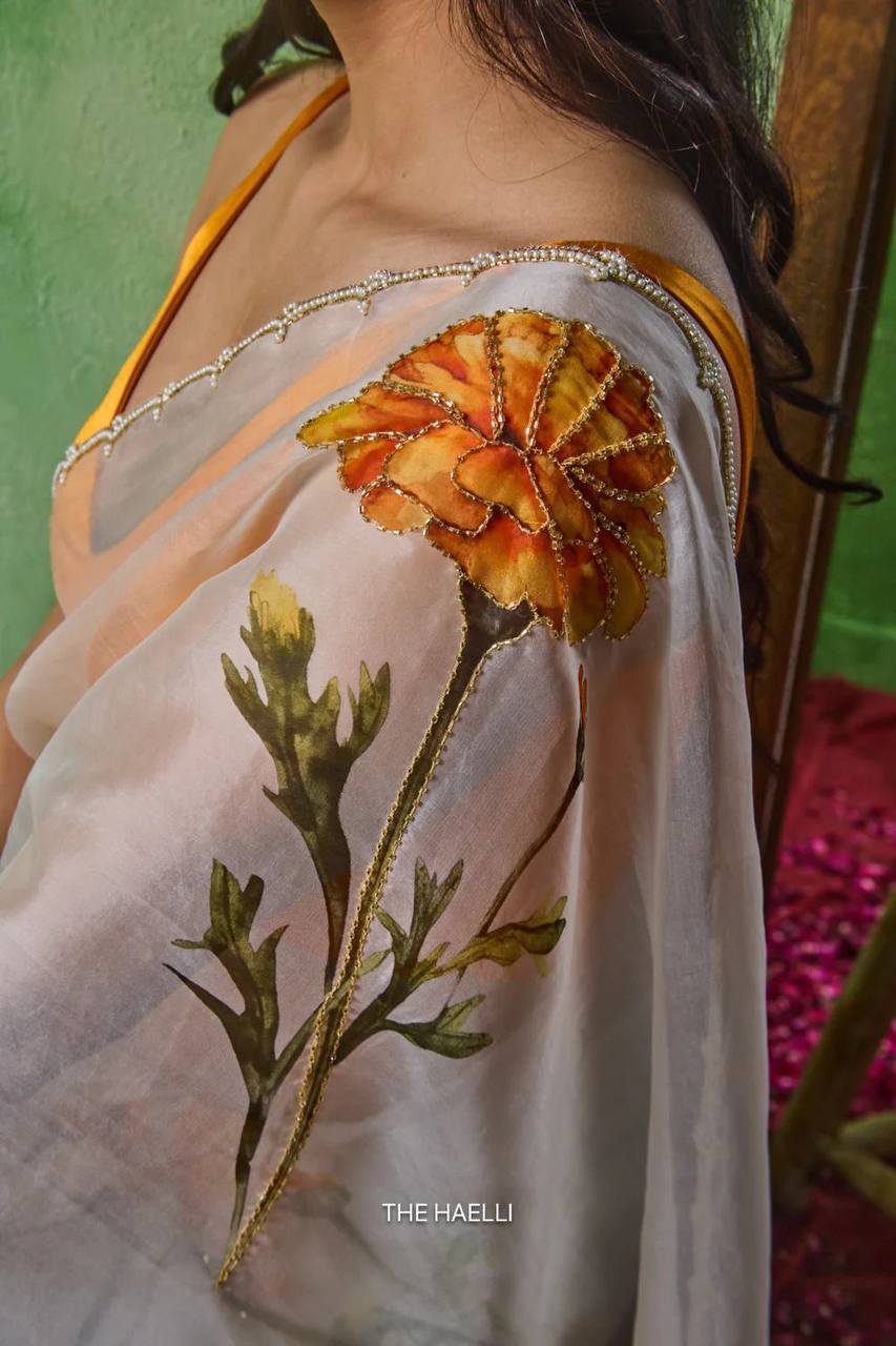 Premium Soft Tabby Floral & Butterfly Print Saree with Cutdana Handwork | Designer Party Wear Saree with Jalpari Silk Blouse