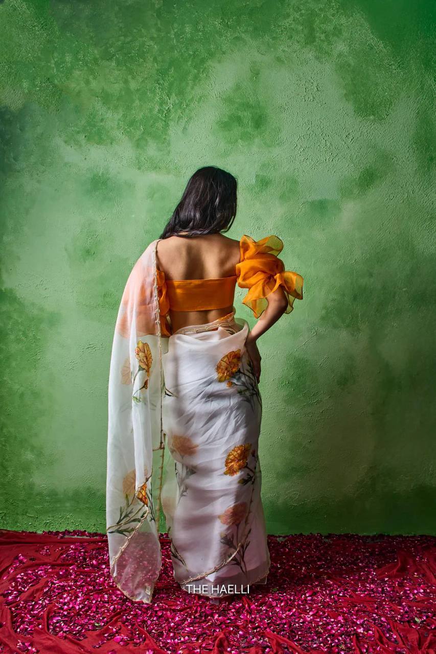 Premium Soft Tabby Floral & Butterfly Print Saree with Cutdana Handwork | Designer Party Wear Saree with Jalpari Silk Blouse