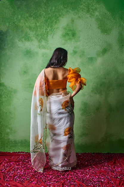 Premium Soft Tabby Floral & Butterfly Print Saree with Cutdana Handwork | Designer Party Wear Saree with Jalpari Silk Blouse
