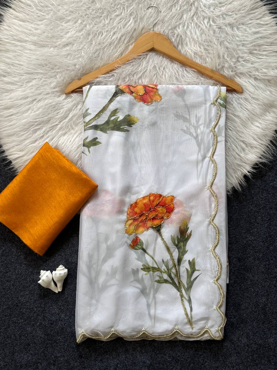 Premium Soft Tabby Floral & Butterfly Print Saree with Cutdana Handwork | Designer Party Wear Saree with Jalpari Silk Blouse
