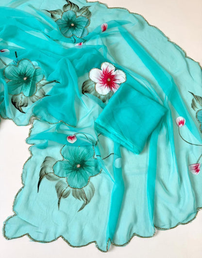 Premium Soft Chiffon Floral Print Saree with Handwork & Cutwork Border