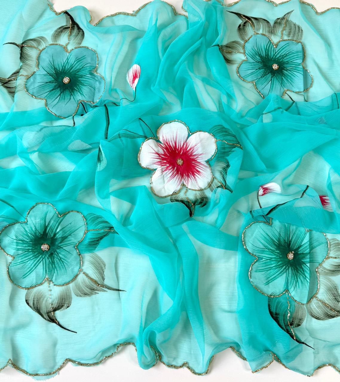 Premium Soft Chiffon Floral Print Saree with Handwork & Cutwork Border
